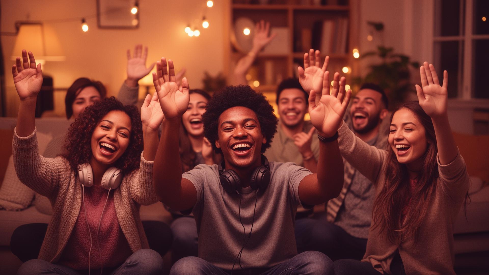 Grupo de amigos celebrando juntos com fones ao redor do pescoço