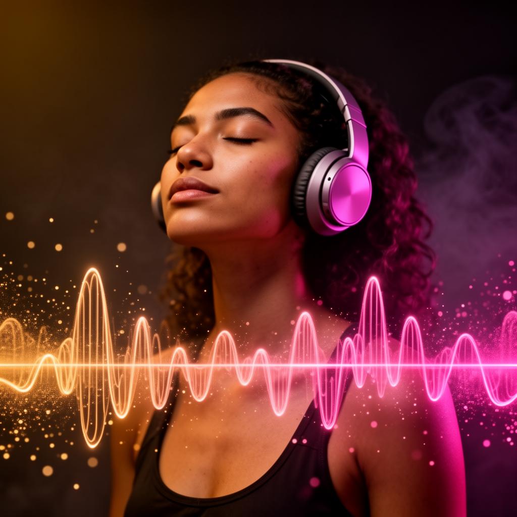 Mulher de fones imersa em ondas sonoras neon geradas por IA